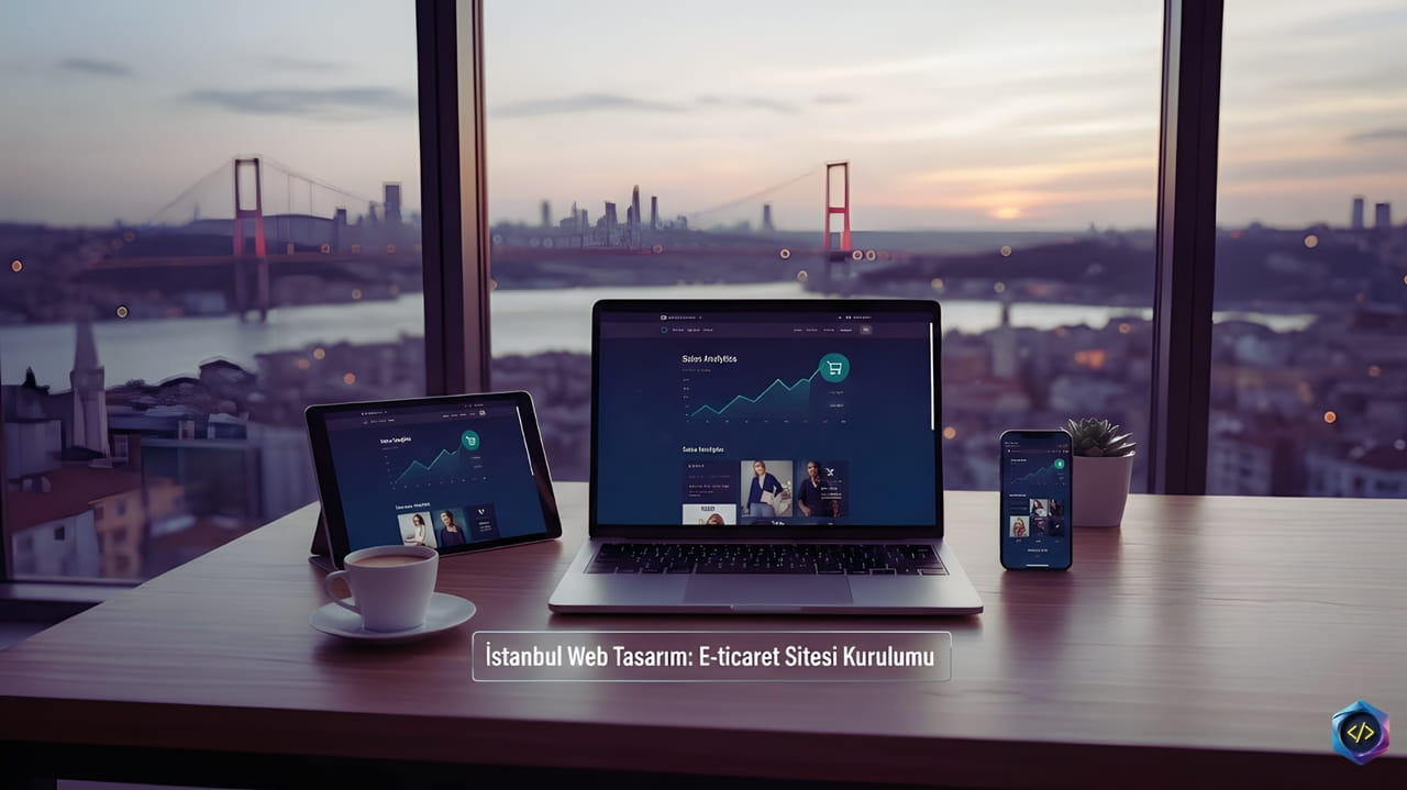 İstanbul Boğazı manzaralı bir ofis masasında, e-ticaret analiz ekranlarının açık olduğu dizüstü bilgisayar, tablet ve telefon. Alt kısımda 'İstanbul Web Tasarım: E-ticaret Sitesi Kurulumu' yazısı yer alıyor.