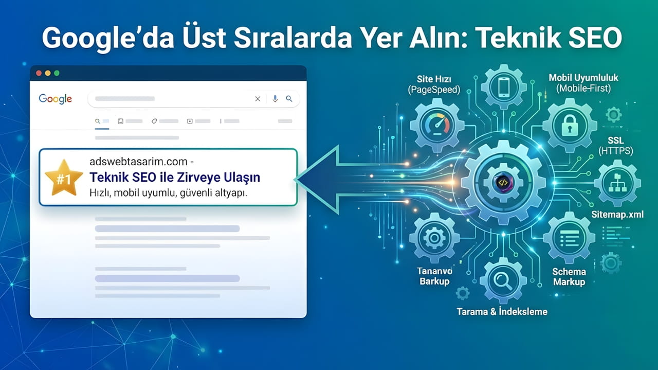 Modern bir ofis ortamında laptop ekranında görünen Teknik SEO analiz grafikleri ve Google arama sonuçları verileri. Arka planda İstanbul Boğazı manzarası yer alıyor.