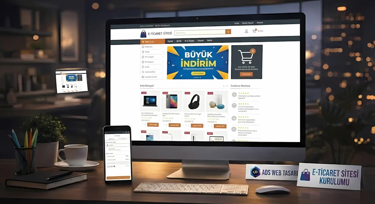 Mobil uyumlu e-ticaret sitesi arayüzü ve kurulum ekranı.